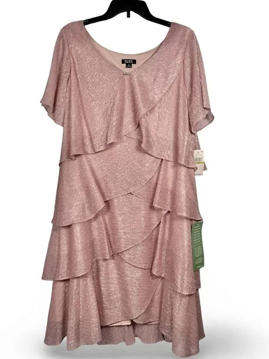 SLNY Tiered Metallic Shift Dress Womens 14 Faded Rose Flutter Sleeve Formal - Picture 2 of 10